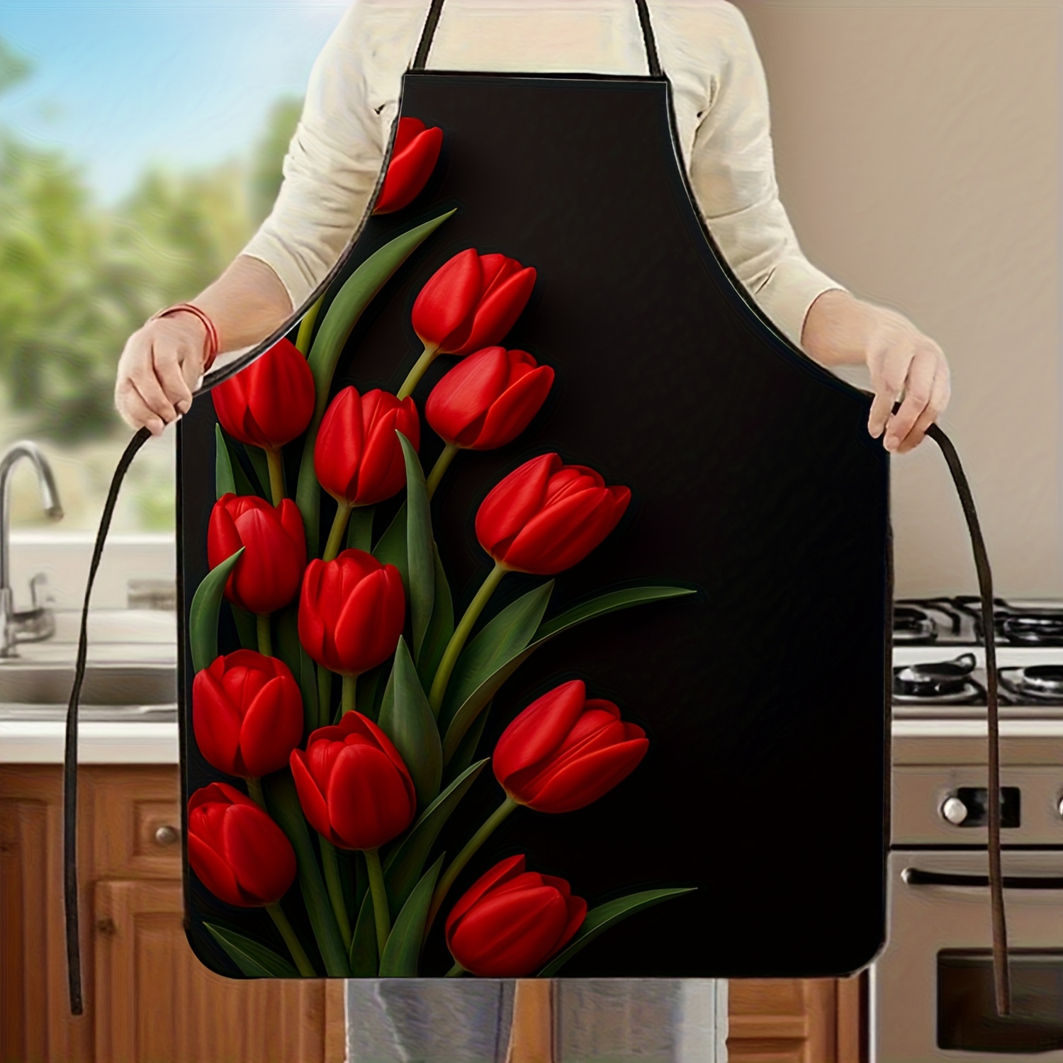 Kitchen Baking Background - 1 Stück rote Tulpenblumen-Schürze mit schwarzem
