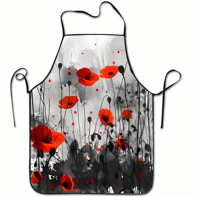 Kitchen Baking Background - 1 Stück rote Mohnblumen-Blumendruck, ärmellose Polyester-Schürze